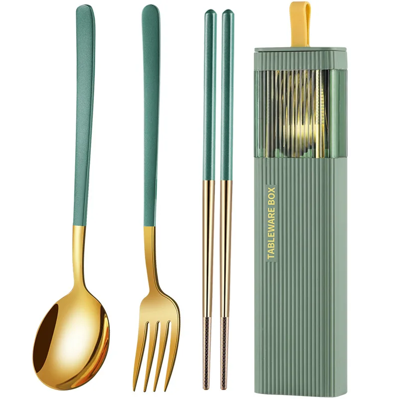 

304 Stainless Steel Chopsticks Spoon Set Student Portable Tableware Set with Storage Box Portable Travel Chop Stick Cutlery Set