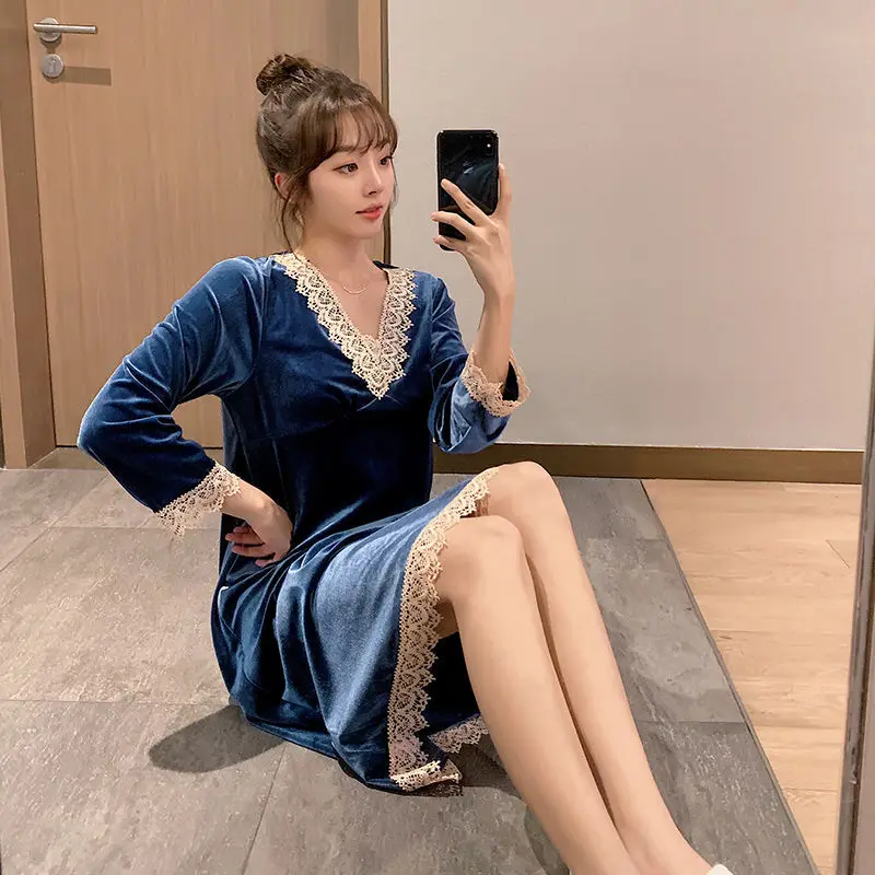 

Spring Autumn Long Sleeve Sweet Princess Thick Warm Nightgowns Women Velvet Sleepwear Night Dress Nightdress Home Clothes W156