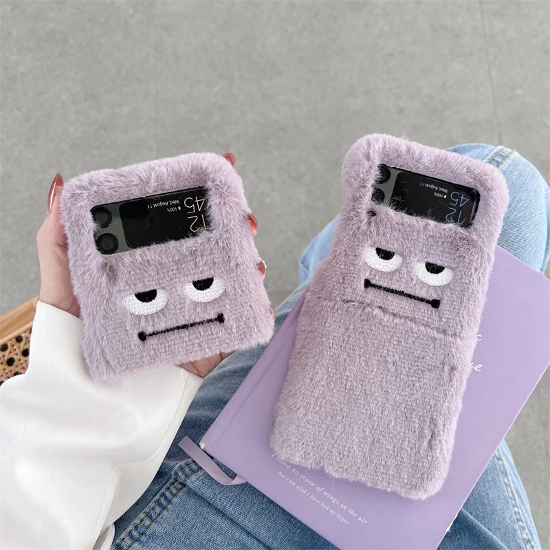 

Cute Phone Case For Samsung Galaxy Z Flip 1 2 3 Funny Embroidery Expression Fluffy Fur Protective Cases Hard Cover For Z Flip3