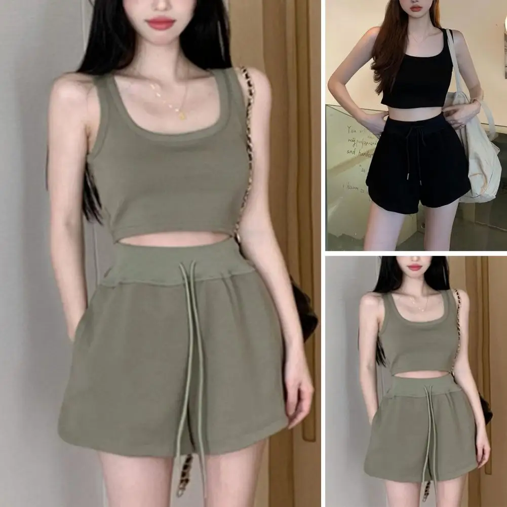 

2Piece Set Casual Women Tank Crop Top Shorts Sleeveless Drawstring Solid Color Summer Tracksuit Outfit Sportswear Female Clothes