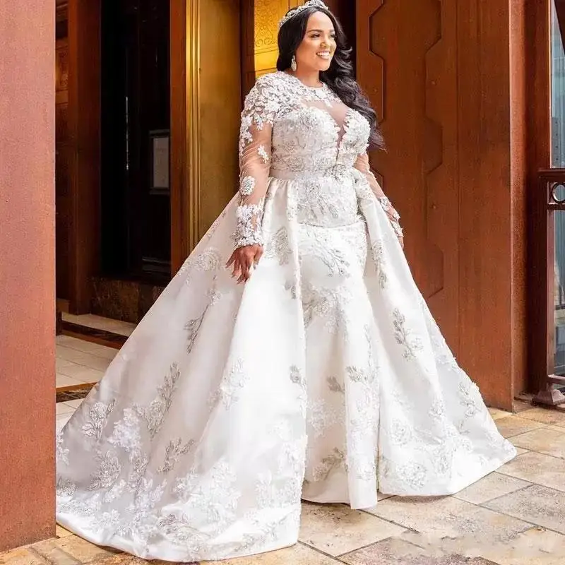 

Plus Size Mermaid Lace Wedding Dresses With Detachable Train Jewel Neck Beaded Long Sleeves Bridal Gowns Tulle Vestido De Novia