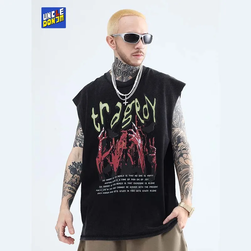 

High Street Washed Gradient Retro Printed Vest 2022 Summer Sleeveless T-Shirt Men Tank Top Men