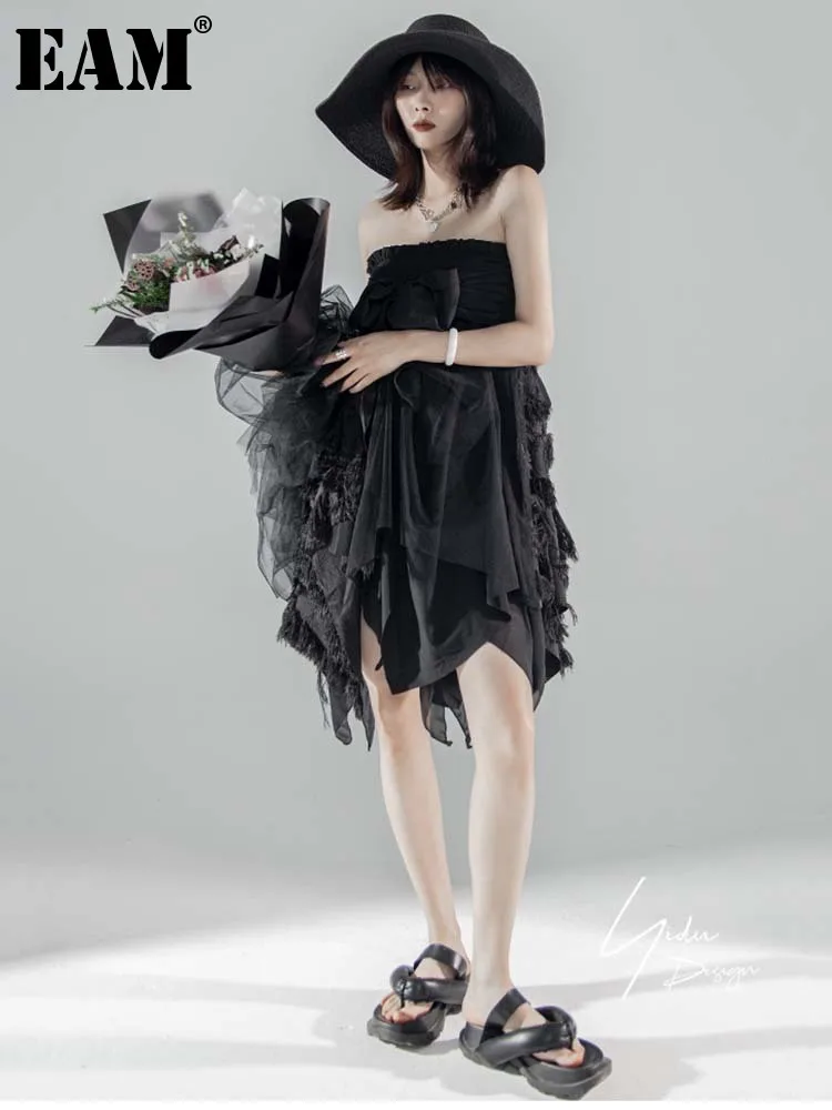 

[EAM] черная юбка с высокой эластичной талией и асимметричным подолом, два способа ношения, женская модная юбка, новинка, весна-лето 2022, 1DE916