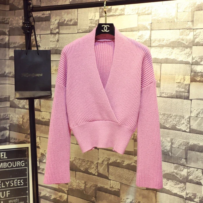 Женский трикотажный свитер желтый короткий в Корейском стиле с V-образным