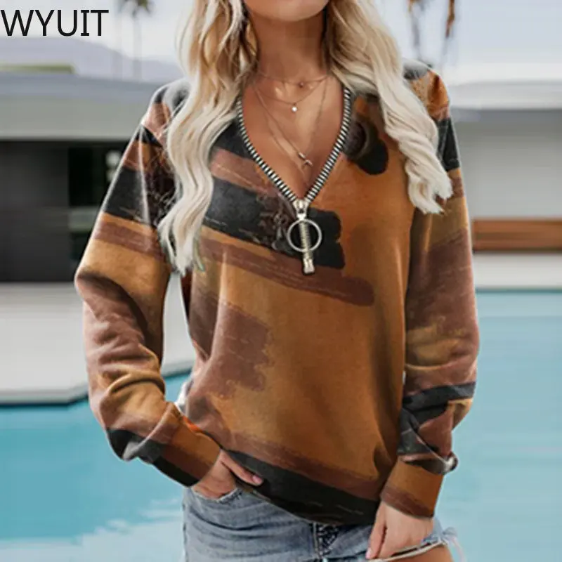 

Модный Свободный свитшот с геометрическим принтом, Женский Повседневный пуловер на молнии с V-образным вырезом, худи, женские осенние Топы с...