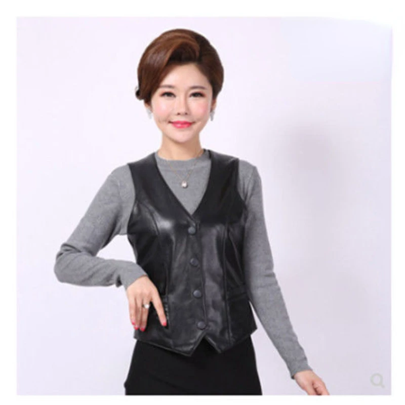 

New Women Real Leather Vest Top Female V Neck Sleeveless Slim Leather Vest Ladies Single Button Streetwear Waistcoat Tops G215