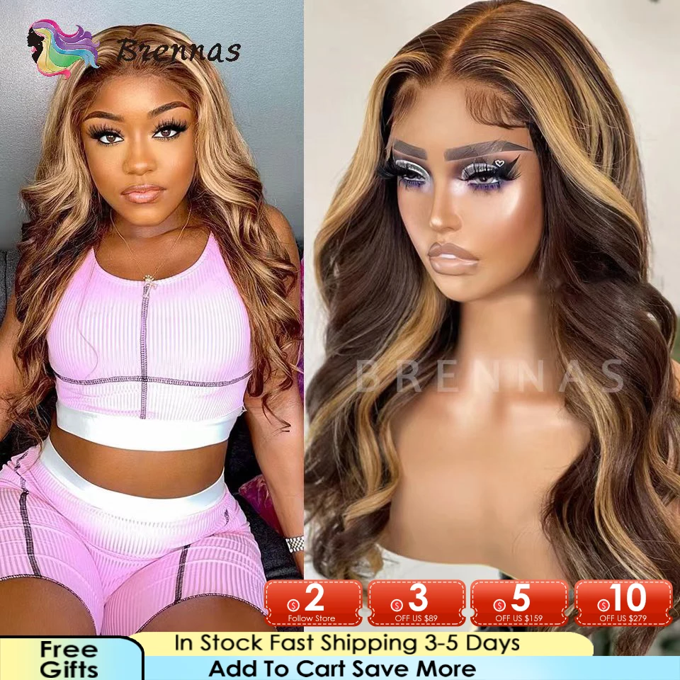 Ombre Honey Blond Highlight Wig 13x4 Body Wave Lace Front Wig Brazilian Human Hair Wig Preplucked Body Wave HD Lace Frontal Wigs