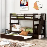 Home Modern Wooden Bedroom Furniture Beds Frames Stairway Twin Over Twin Bunk Bed Twin Size Trundle Bedroom Dorm Adults Espresso