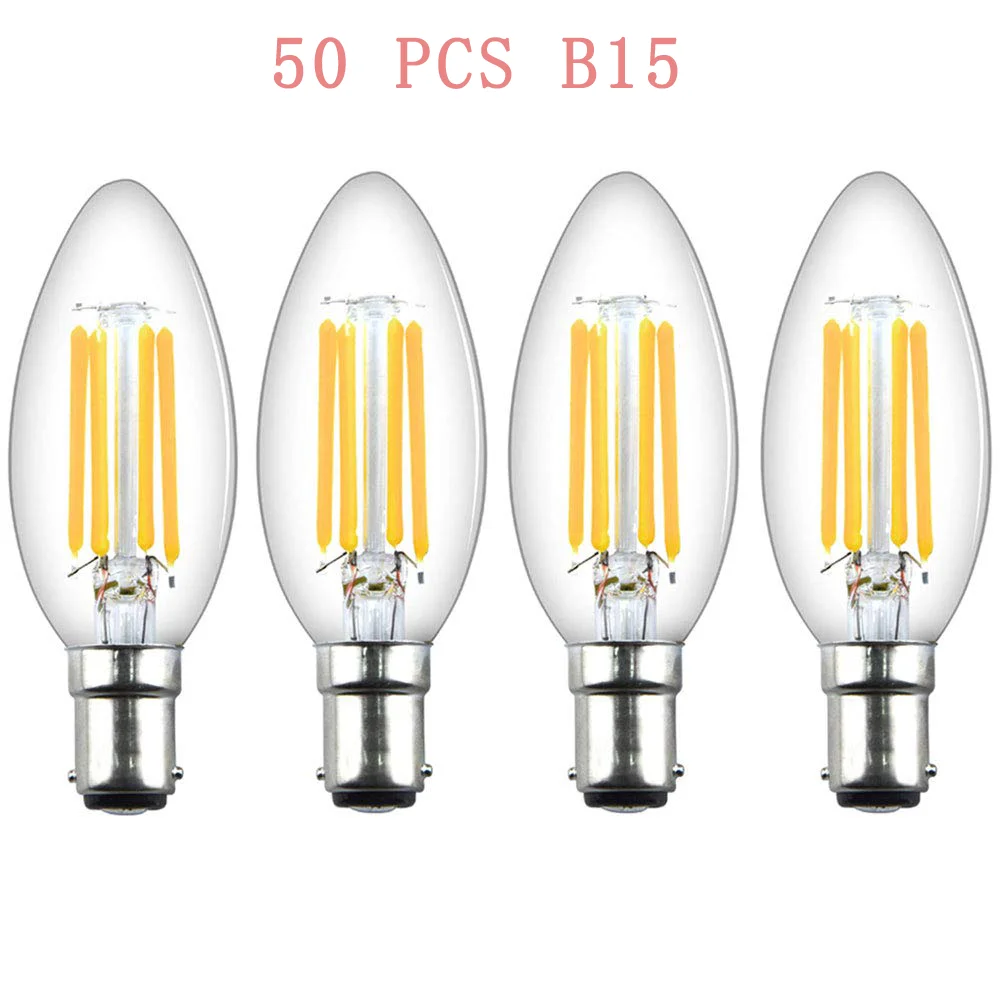 50PCS LED Candle Filament Light Bulbs Dimmable B15 SBC Bayonet 4W Ba15d Vintage Warm White 2700K 40W Replacement