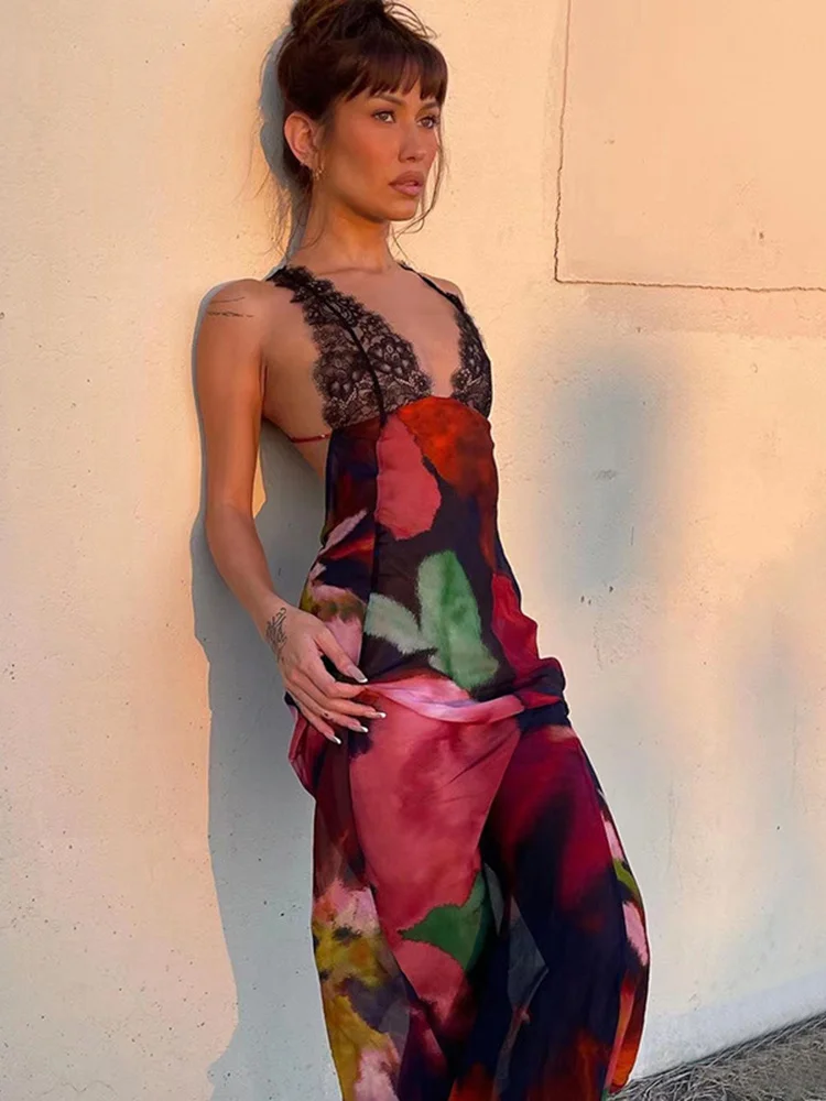 

Chiffon Printed Maxi Dress for Women Summer Sexy Lace Patchwork Backless Beach Dress Leopard Slim Evening Party Outfits 2023
