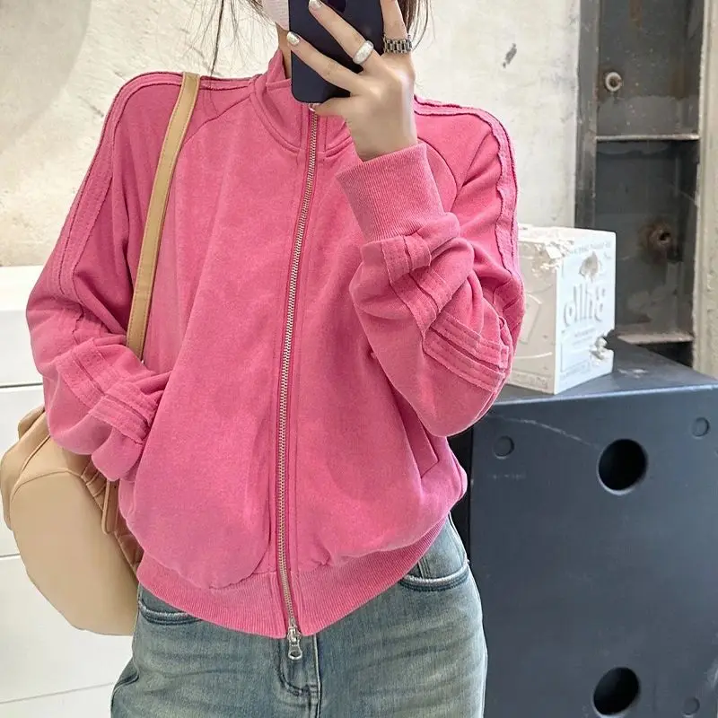 

2023 Womens Casual Vintage Pink Jackets Fashion Korean Double Zipper Jacket Chaquetas Loose All Match Pink Y2k Aesthetic Coats