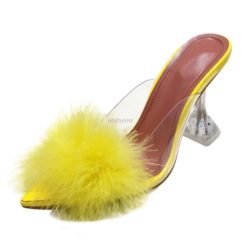 

2022 Western Style PVC Shoe Woman Feather Transparent High Heels Fur Pumps Slippers Women Peep Toe Mules Lady Pumps Slides White