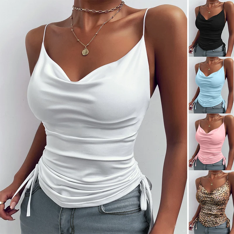

Women Tank Top V Neck Camisole Cami Drawstring Spaghetti Strap Top Loose Sleeveless Blouses Tank Shirt Summer Crop Top