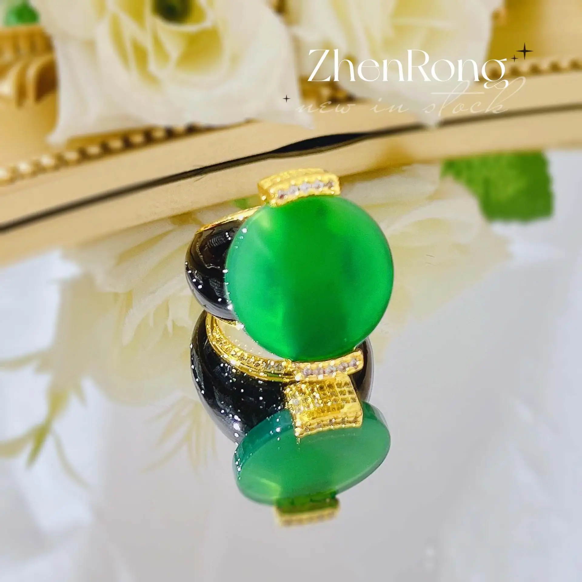 

Foydjew French Style Retro Natural Green Chalcedony Tourmaline Rings For Women Elegant Black Enamel Ring Banquet Accessories
