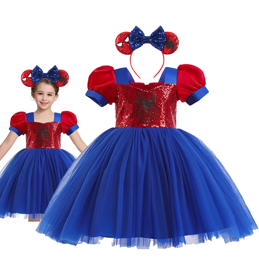 

Superhero Spiderman Baby Girls Tutu Dress Kids Puff Sleeve Sequins Bow Clothes Halloween Cosplay Costume Children 1-7Yrs