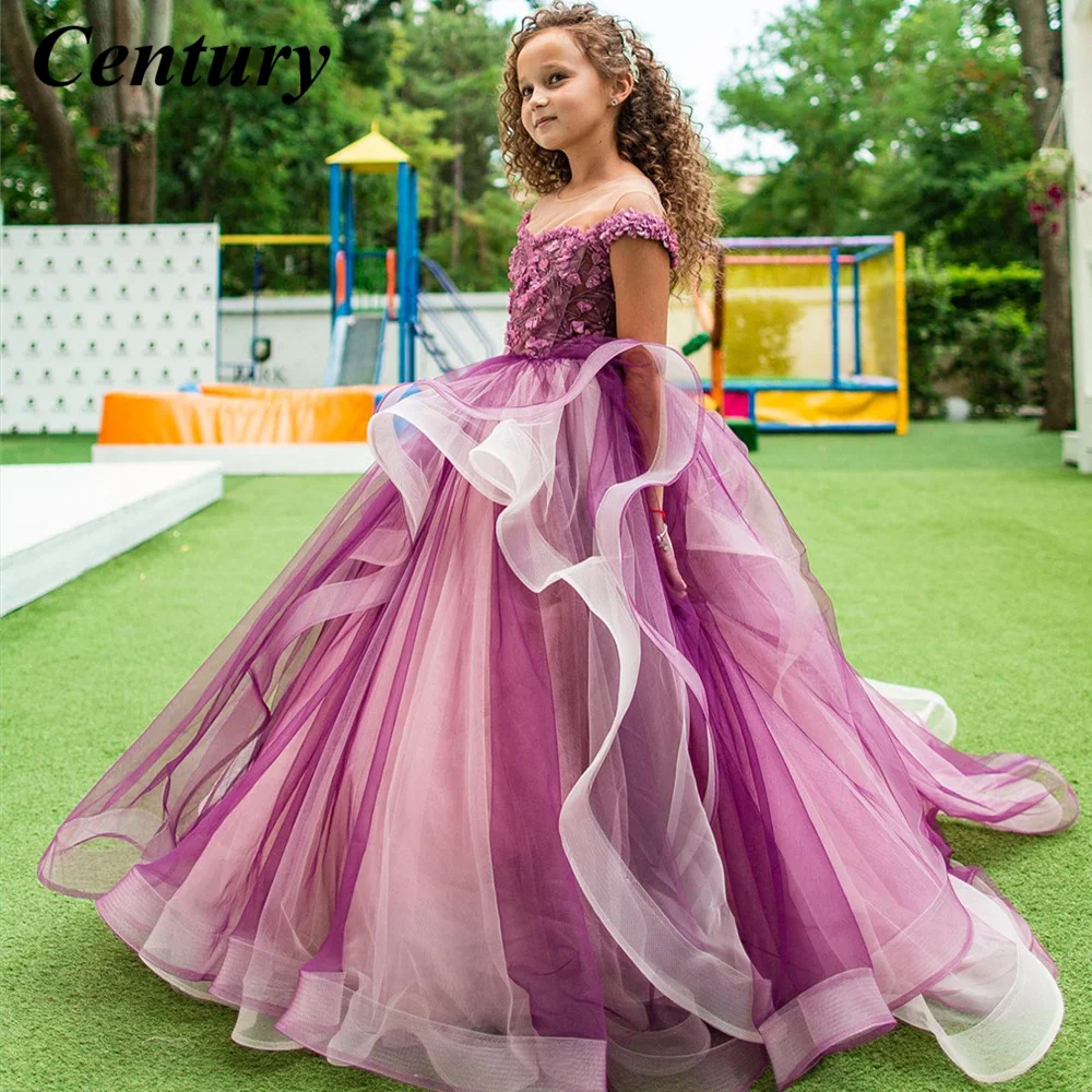 

Appliques Flower Girl Dress Tiered Party Dress Off The Shoulder Communion Dresses Court Train Dress For Girls Child Girl Dress