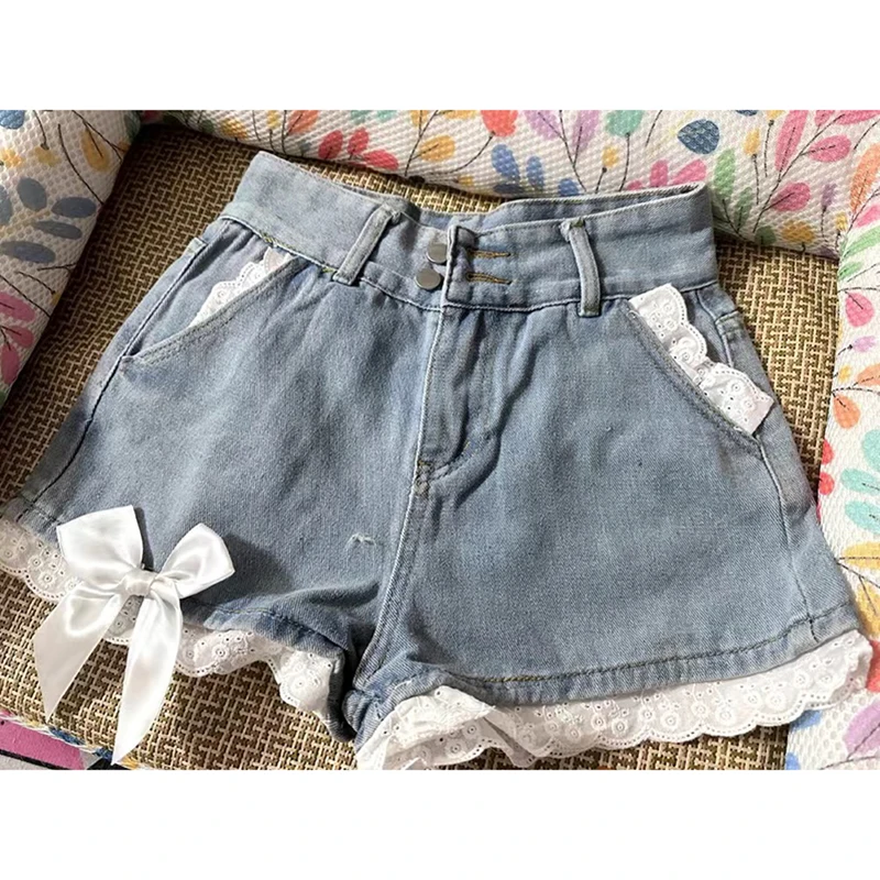 Girly Denim Shorts 2023 Summer New Lace-trimmed Bow Decoration Loose A-line Jeans Shorts Japanese Style Thin Pants Summer Attire