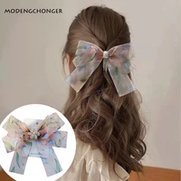 high quality tulip flower yarn with long tail bow top clip pearl tassel ponytail spring clip hairpin for women hair accessories