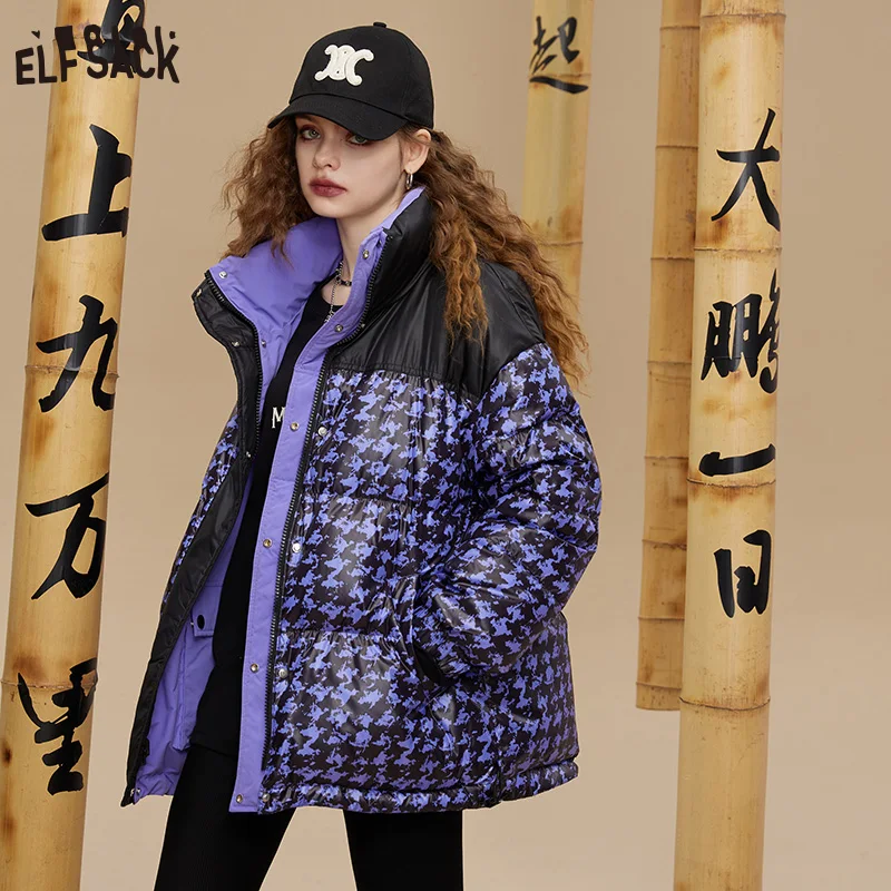 ELFSACK Purple Cargo Coats Warm Down Jackets Women 2022 Winter Loose Mid-length Coats