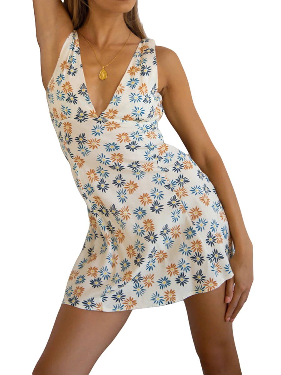 

Женское повседневное мини-платье с цветочным принтом и V-образным вырезом, без рукавов