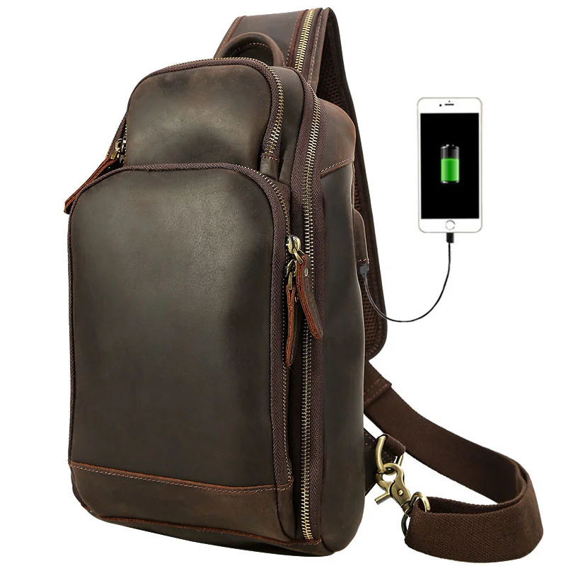 

Мужская нагрудная сумка из натуральной кожи, с USB-кабелем