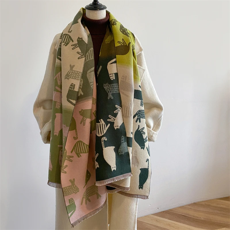 

Милый кашемировый шарф с принтом кота, роскошный 2023 толстый женский зимний шарф из пашмины, одеяло, 2023, дизайнерская повседневная одежда для путешествий, Bufanda