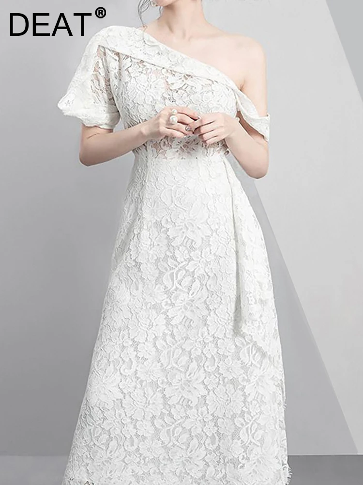 

Женское вечернее платье [DEAT], белое платье без бретелек с диагональным воротником и коротким рукавом, с вышивкой, новинка весны 2023, 13DB1351