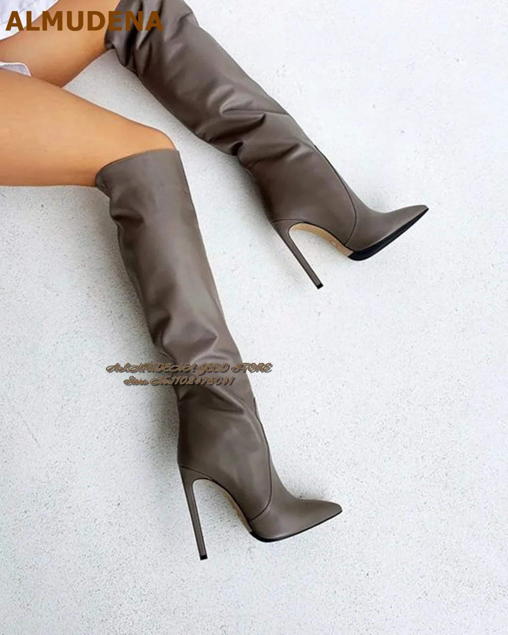 ALMUDENA Кофейно-коричневые матовые кожаные сапоги выше колена на шпильке Сапоги до