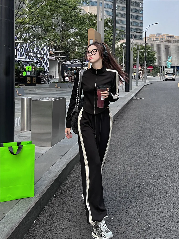 

Women Sports Suit Long Sleeve Sunscreen Short Coat Women's Autumn Sports High Waist Casual Pants Two-piece Set Wide Leg Pants