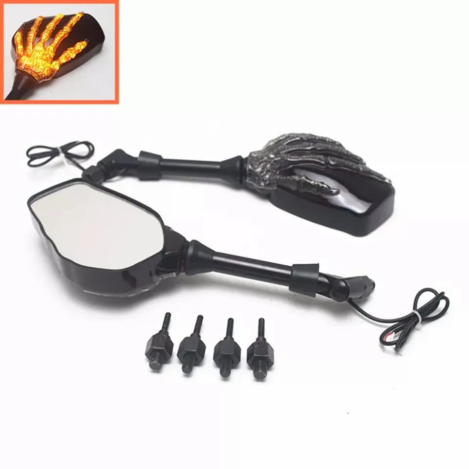 12V Motorcycle Turn Signals LED Skull Skeleton Hand Claw Side Rearview Mirrors 8mm/10mm Left Right