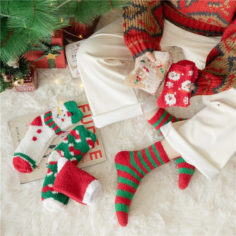 Winter New Korean Coral Fleece Floor Half Fleece Women's Striped Christmas Tree Socks