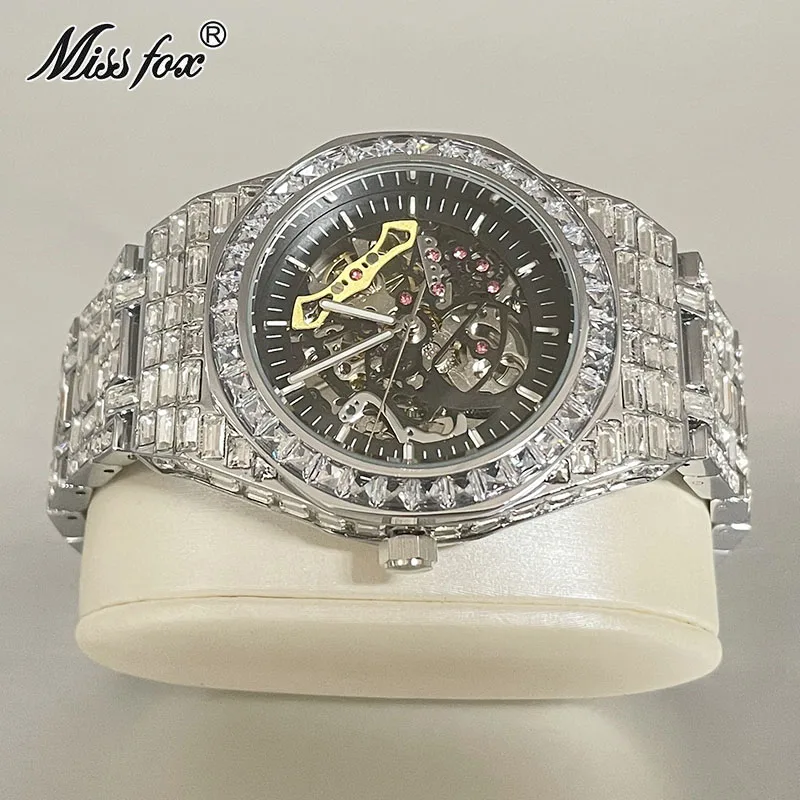 Fashion Brand MISSFOX Sliver Hollow Mechanical Watch For Mens Steel Automatic Wristwatch Full Diamond Waterproof AAA Clocks Male