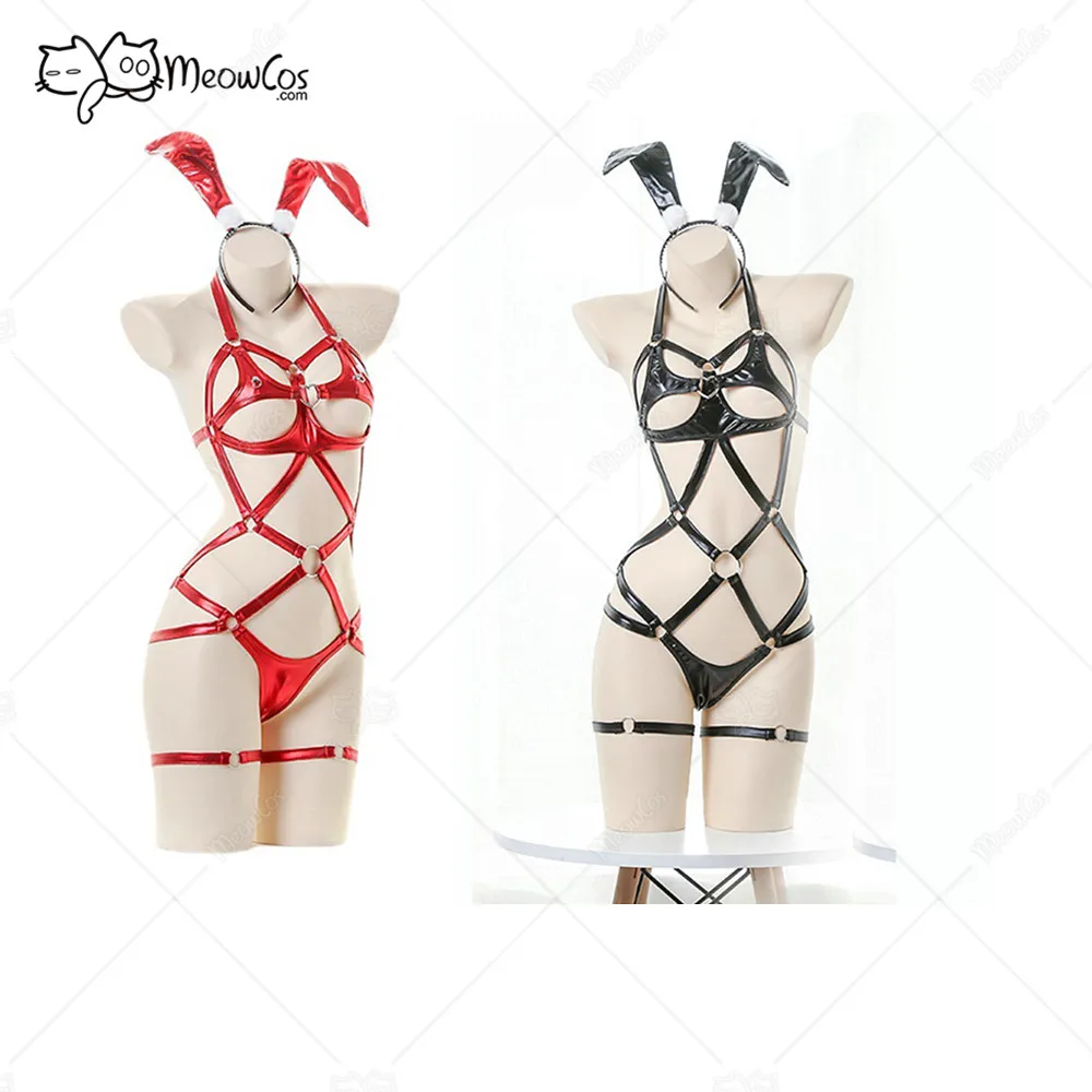 

Women Sexy Lingerie Bunny Costume Hollow Three-Point Bodysuit with Hairband and Leg Rings Lingerie Sleepwear Sexy Costumes