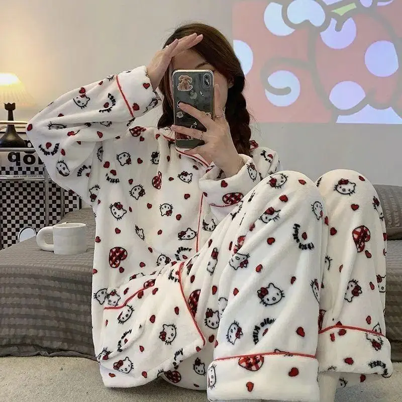 

Kawaii Sanrio Hello Kitty Autumn and Winter Plush Pajamas Cartoon Animation KT Cat New Female Long-sleeved Lapel Homewear Suit