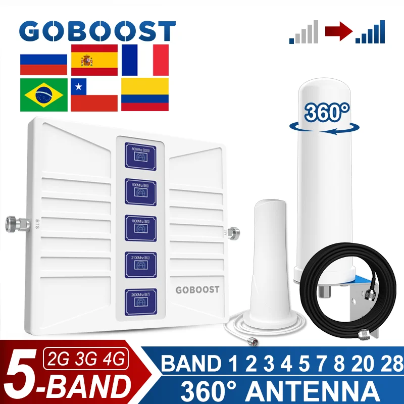 

GOBOOST 5 Band Signal Booster 2G 3G 4G LTE Cellular Amplifier 700 800 1700 1800 1900 2100 2600 MHz Network Repeater Antenna Kit