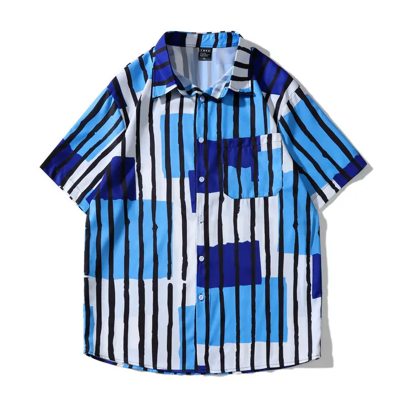 

Fashion Men's Shirts 2022 European American High Street Hawaii Casual Stitching Striped Shirt Print Cardigan Short-sleeved Men