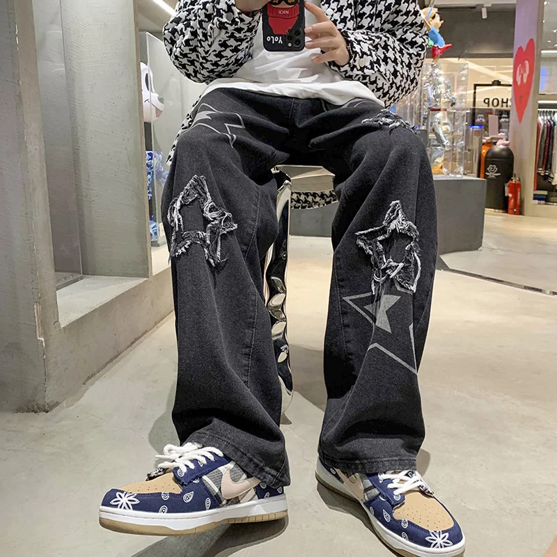 

Джинсы мужские в стиле хип-хоп, винтажная модная одежда, мешковатые низкие брюки-эмо с высокой посадкой, прямые джинсовые брюки в Корейском ...