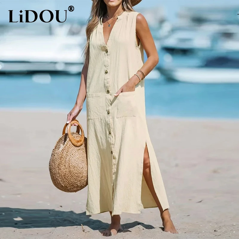 

Summer Fashion New Loose Casual Cotton Linen Tank Robe Female Sleeveless Buttons Slit Solid Color Dress Women's V-neck Vestidos