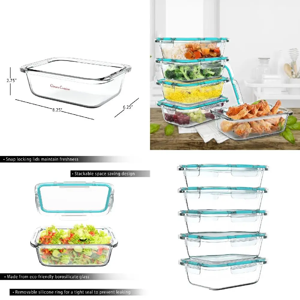 

Premium Fresh Set of 5 Divided Glass Containers with Snap-On Lids, 24 Oz Capacity - Keep Food Fresh and Securely Stored.