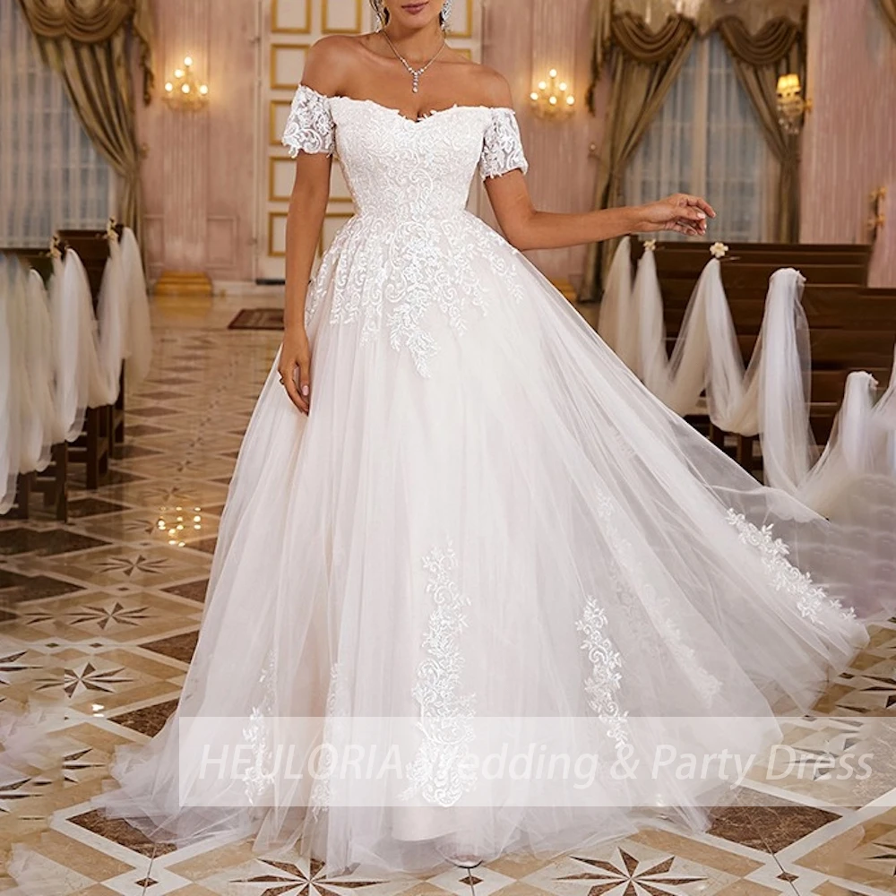 

elegant off shoulder short sleeve wedding dress A line lace applique bridal dress Robe De Mariee Wedding Bride Dress