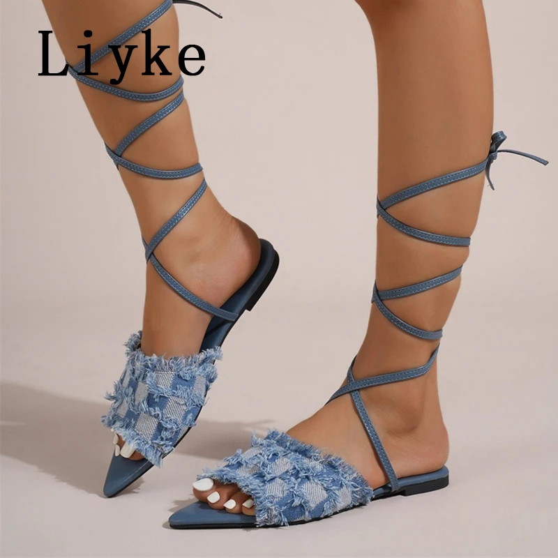 Сандалии Liyke женские с ремешком на щиколотке модные босоножки-гладиаторы плоской
