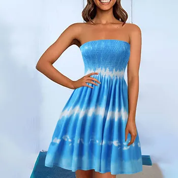 Strapless Dresses Woman Summer Women Tie-dye Print Bandeau Elastic Band Halter Neckline Wrap Swing A-line Dress Chest Wrapping 1