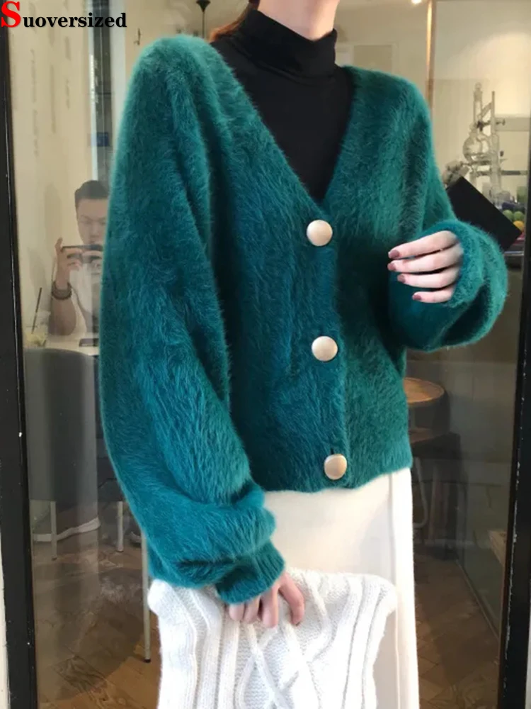 

Long Sleeve Elegant Sweater Tops Spring Women Coats Korean Imitation Mink Knitted Short Cardigan Loose Knitewear Casual Jacket