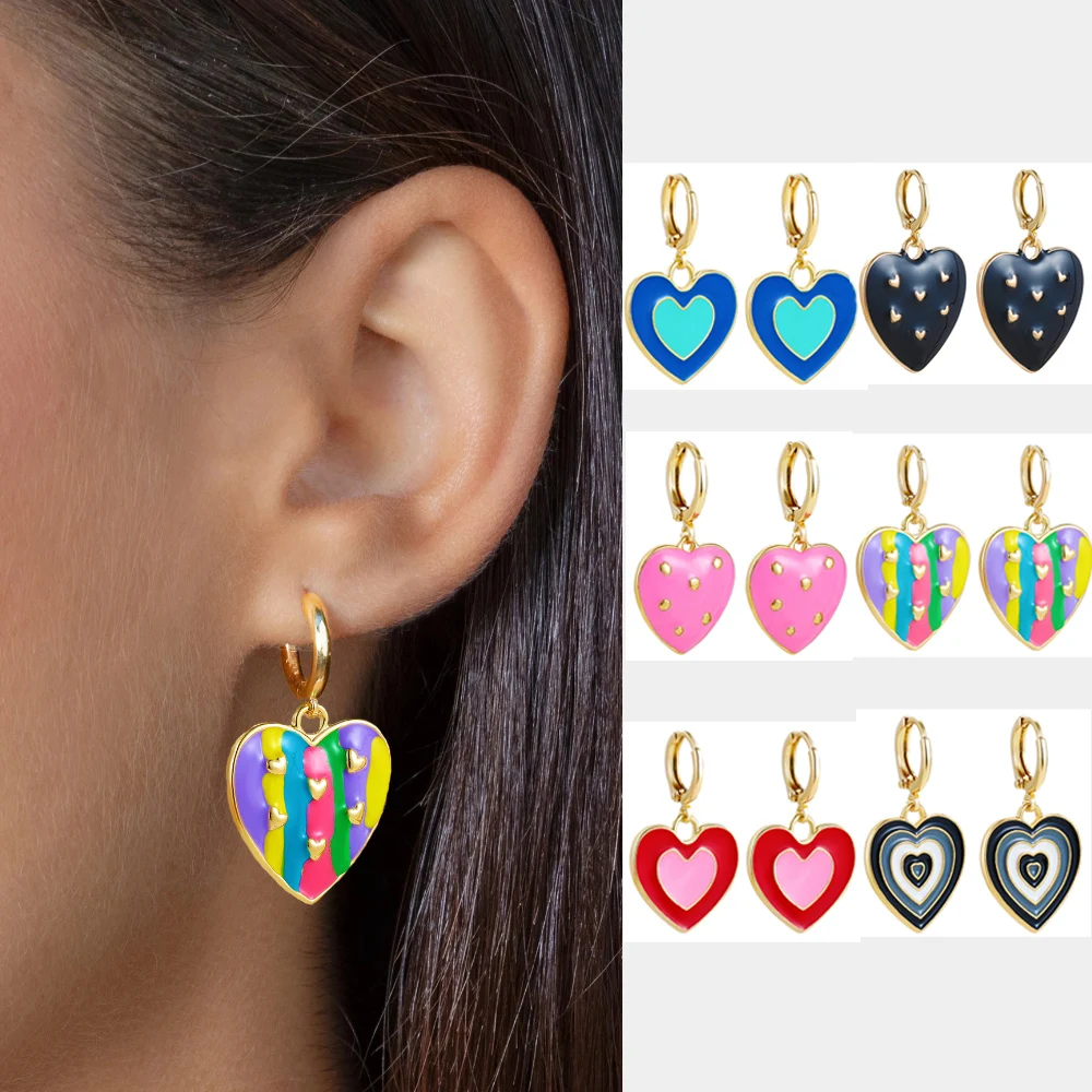 

Fashion Korea Rainbow Color Heart Pendant Hoop Earrings for Women French Chic Huggie Statement Earrings Valentine's Day Gift