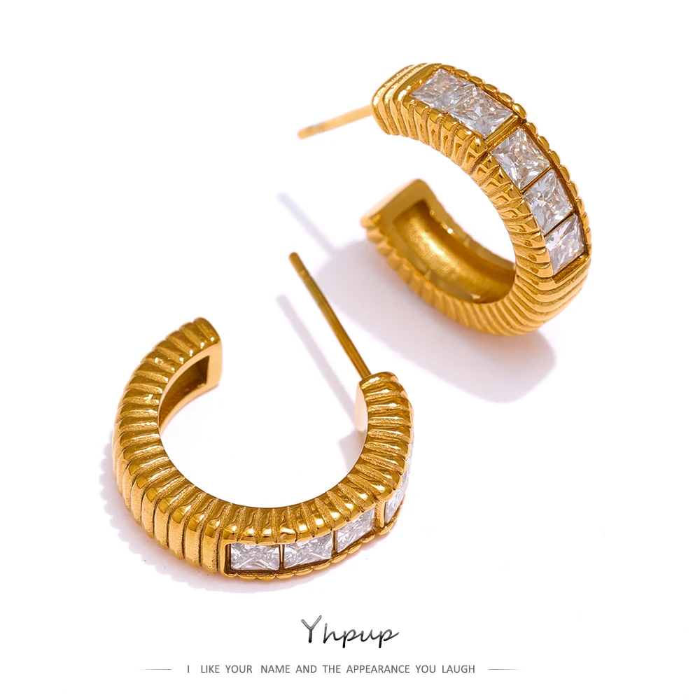 

Yhpup Waterproof Stainless Steel Cubic Zirconia Earrings for Women Geometric Round Golden Fashion Charm Luxury Female Jewelry