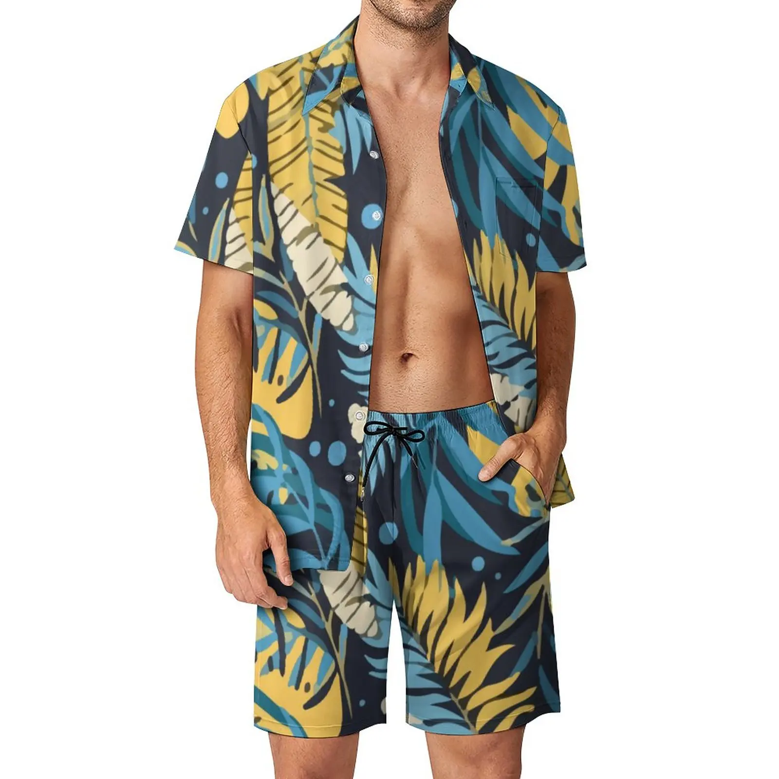 

Original Tropical Men Sets Yellow Palm Leaves Vintage Casual Shirt Set Short Sleeve Shorts Summer Beach Suit Big Size