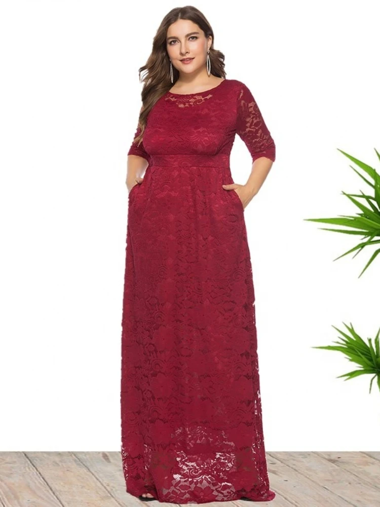 Plus-size women's new openwork lace pocket dress high-quality evening dress long dress party dress