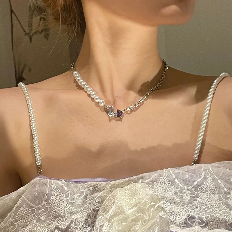 

Purple Square Pearl Necklace for Women Party Jewelry Girls Birthday Gifts with gift Box Packing