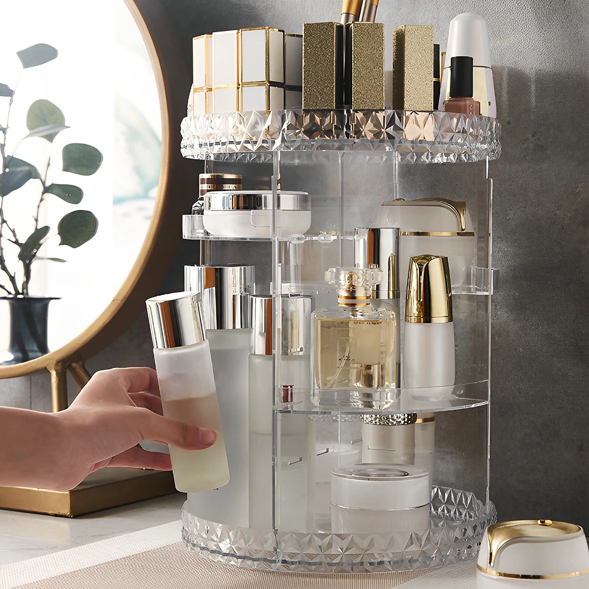 

3 Tiers Rotating Makeup Organizer with Compartment 360° Spinning Makeup Stand Reusable Spinning Storage Display Case Large