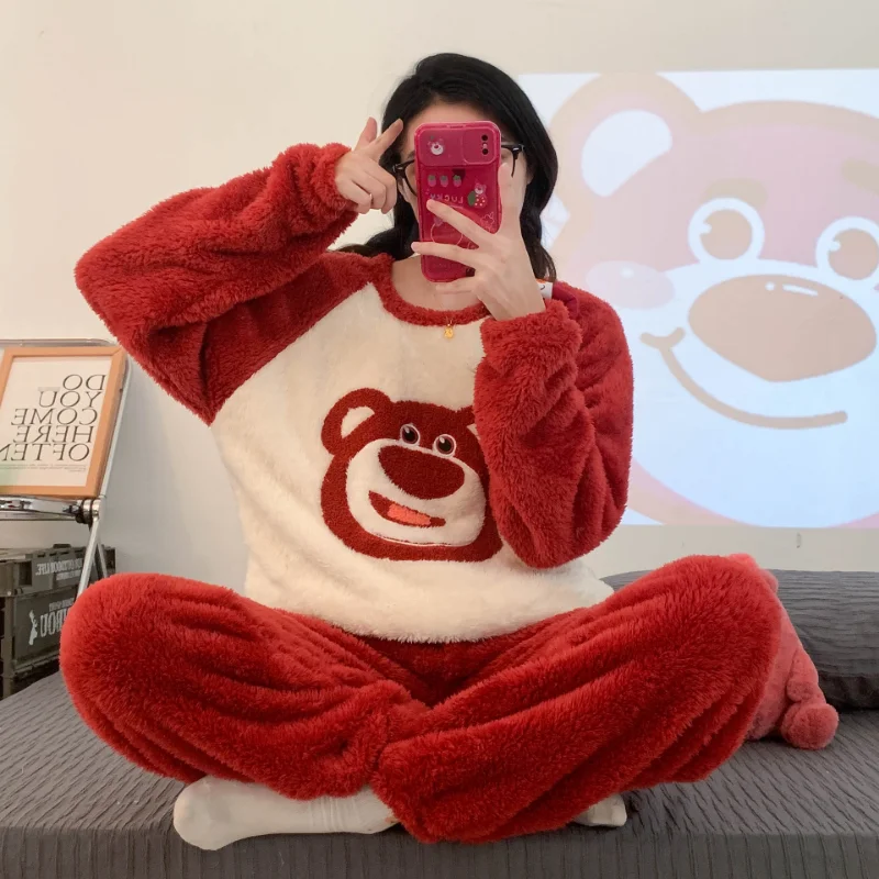

Disney kawaii pajamas women's ins winter net red sweet coral fleece cute strawberry bear girl flannel home clothes two-piece set
